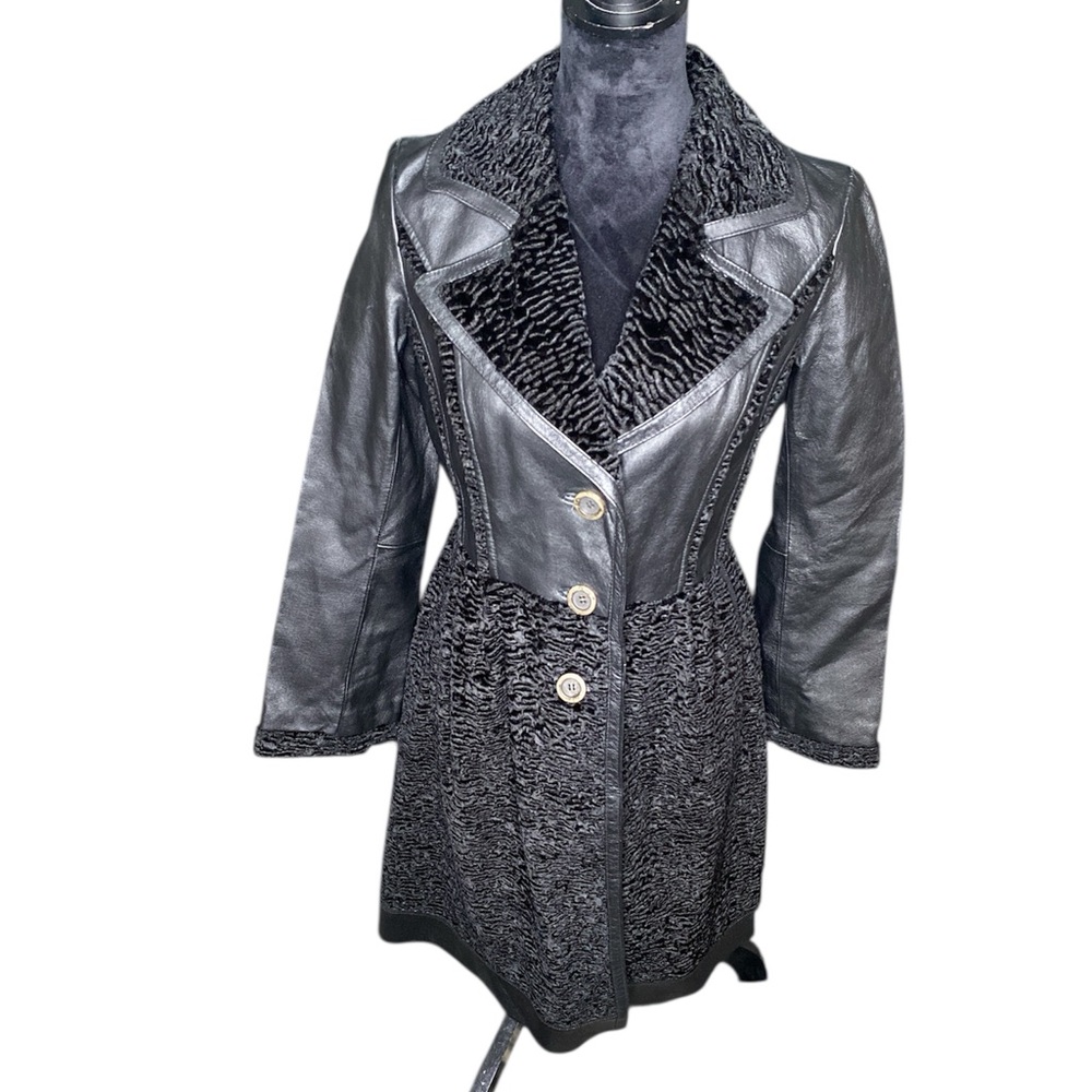 Mid century look  Black leather jacket Penny lane style lamb faux fur